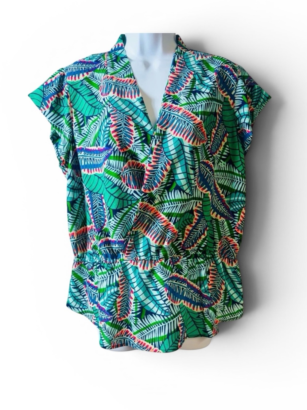 Liz Claiborne Petite 100% Polyester Tropical Floral‎ Peplum Cap Sleeve Top PXL